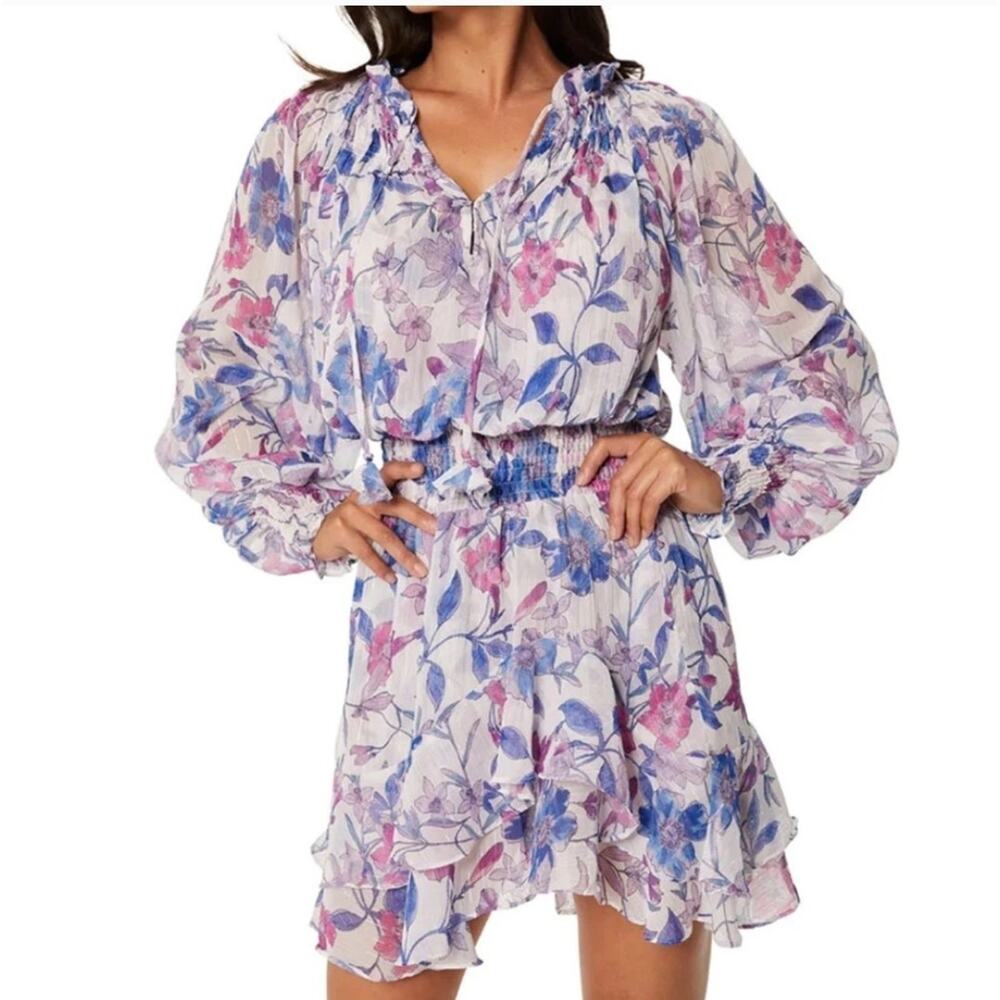 Misa Los Angeles White Floral Mini Dress with Blue and Pink Print